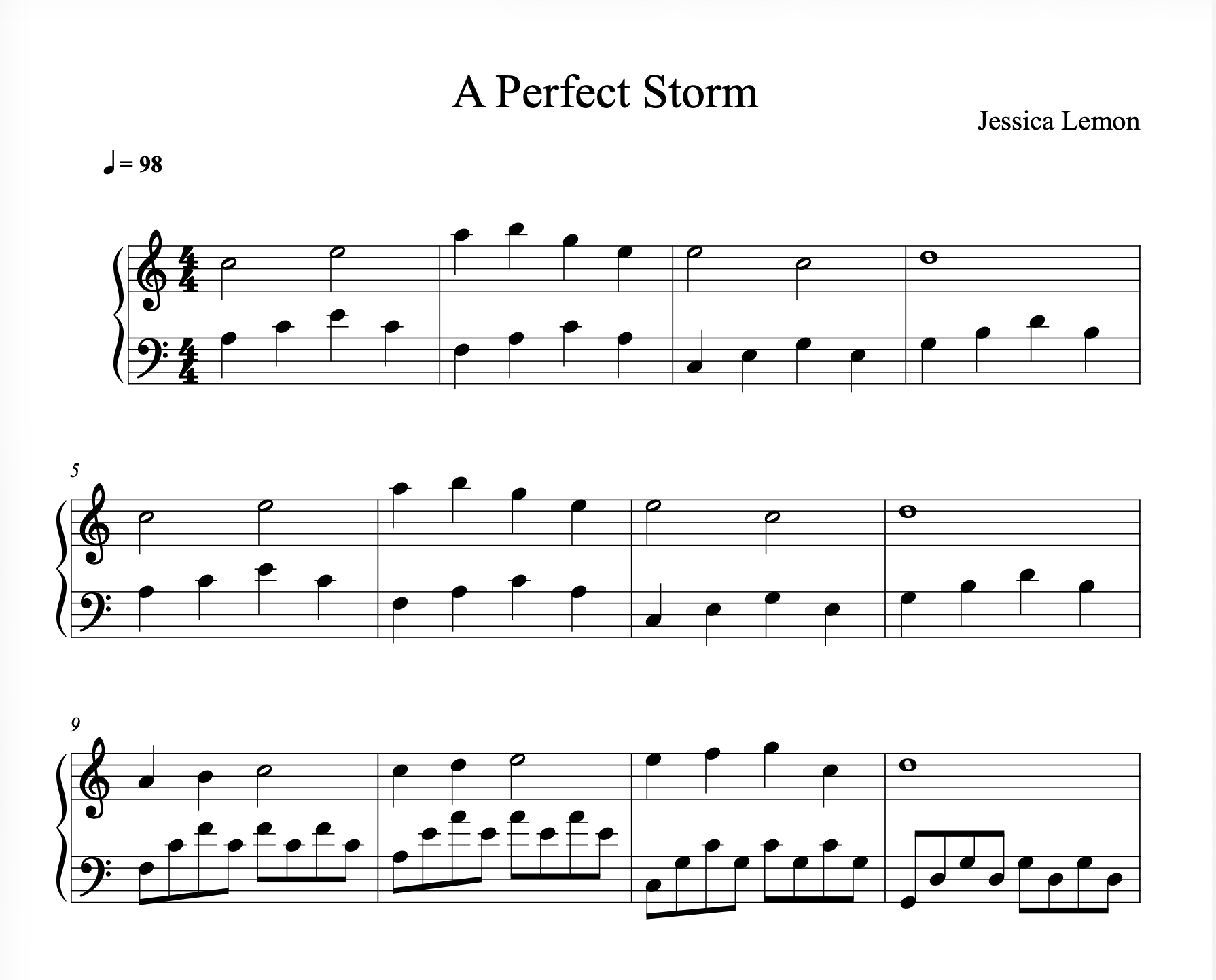 Sheet music for 'A Perfect Storm' by Jessica Lemon with musical notation.