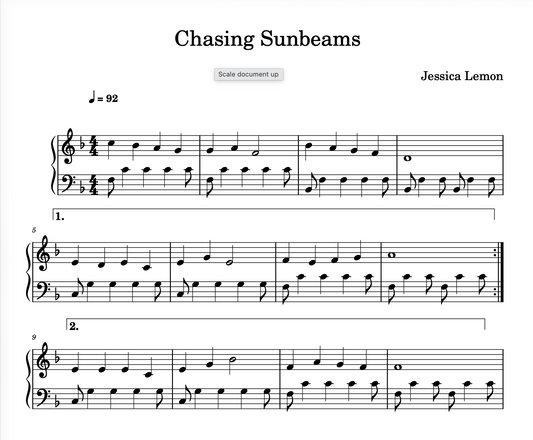 Sheet music for 'Chasing Sunbeams' by Jessica Lemon with musical notation and tempo indication.