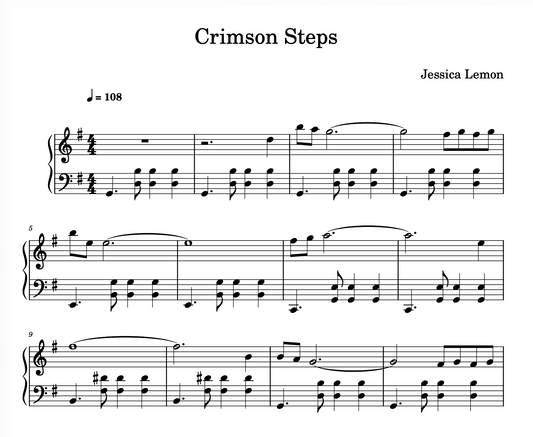 Sheet music for 'Crimson Steps' by Jessica Lemon with musical notation.
