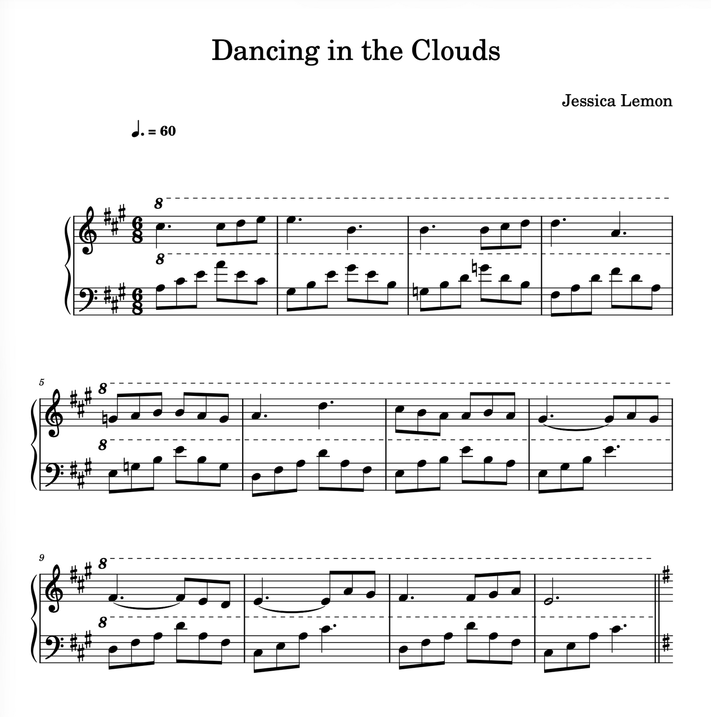 Sheet music for 'Dancing in the Clouds' by Jessica Lemon with musical notation.