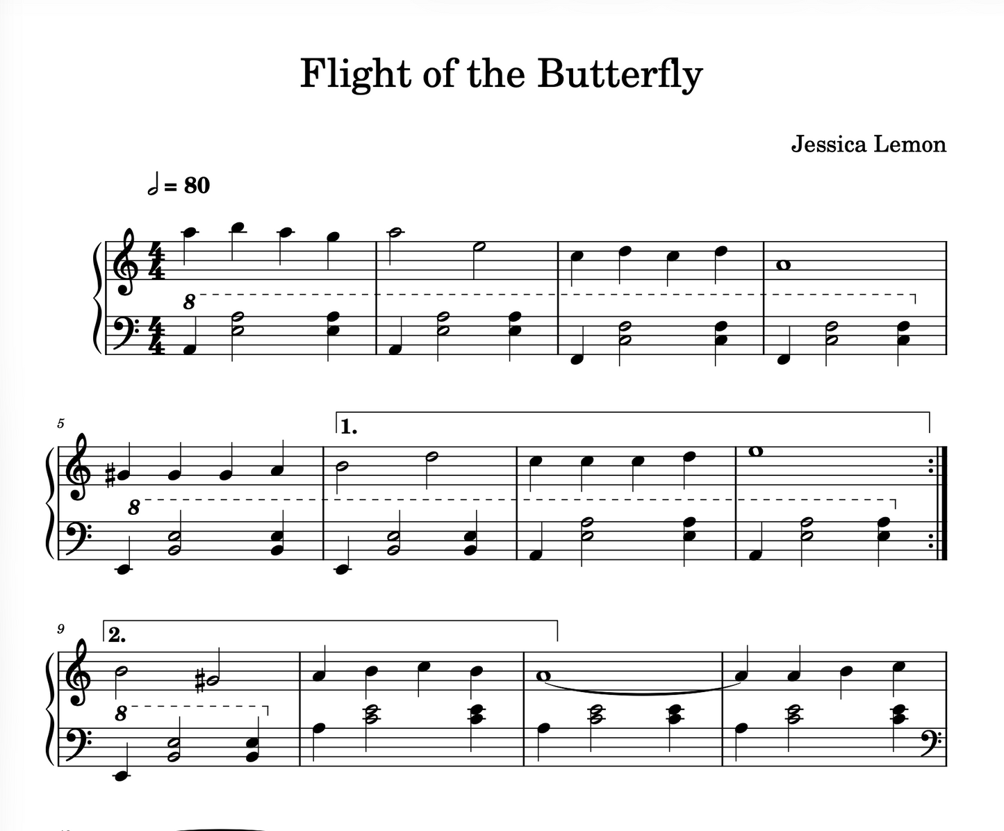 Sheet music for 'Flight of the Butterfly' by Jessica Lemon with musical notation.