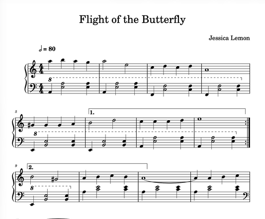 Sheet music for 'Flight of the Butterfly' by Jessica Lemon with musical notation.