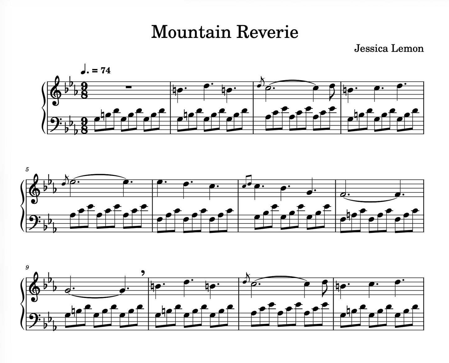 Sheet music for 'Mountain Reverie' by Jessica Lemon with musical notation.