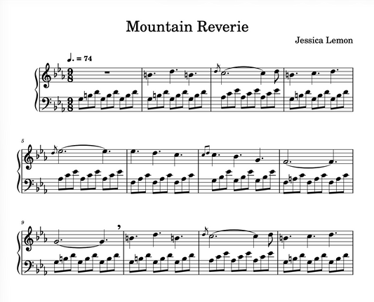 Sheet music for 'Mountain Reverie' by Jessica Lemon with musical notation.