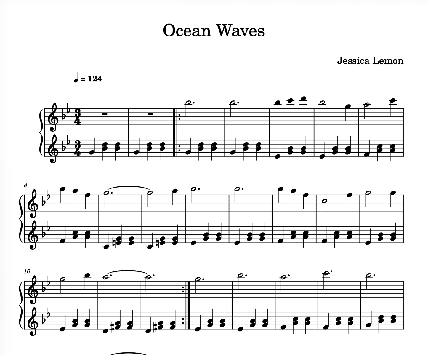 Sheet music for 'Ocean Waves' by Jessica Lemon with musical notation.