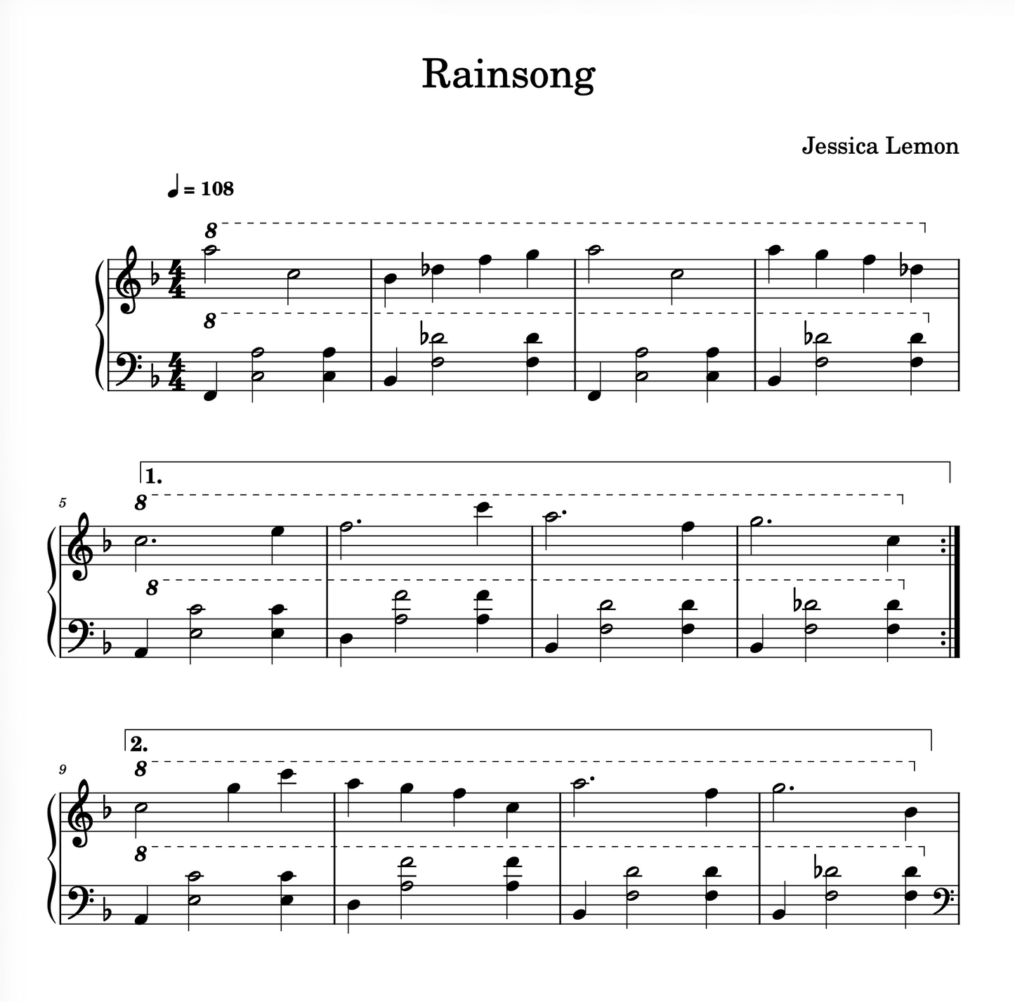 Sheet music for 'Rainsong' by Jessica Lemon with musical notation.