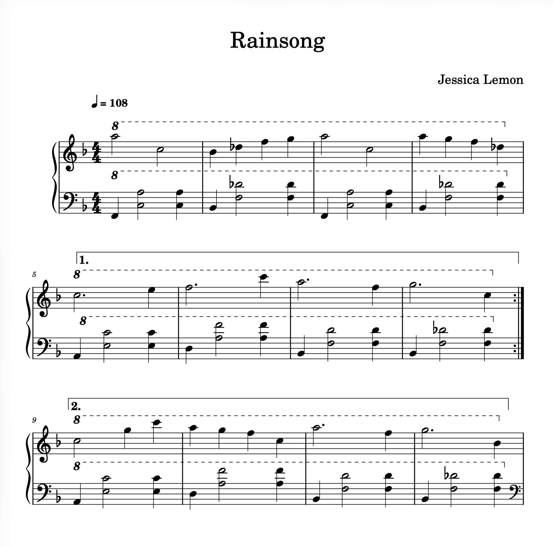 Sheet music for 'Rainsong' by Jessica Lemon with musical notation.