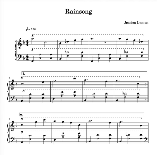 Sheet music for 'Rainsong' by Jessica Lemon with musical notation.