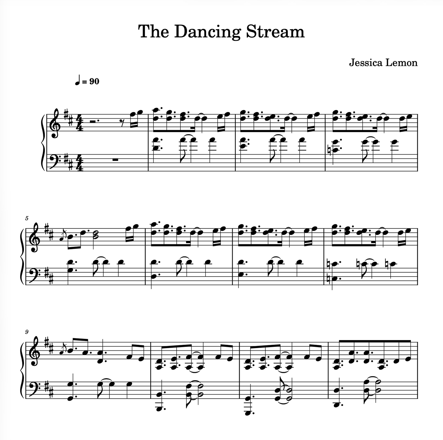 Sheet music for 'The Dancing Stream' by Jessica Lemon with musical notation.