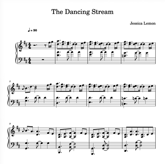 Sheet music for 'The Dancing Stream' by Jessica Lemon with musical notation.